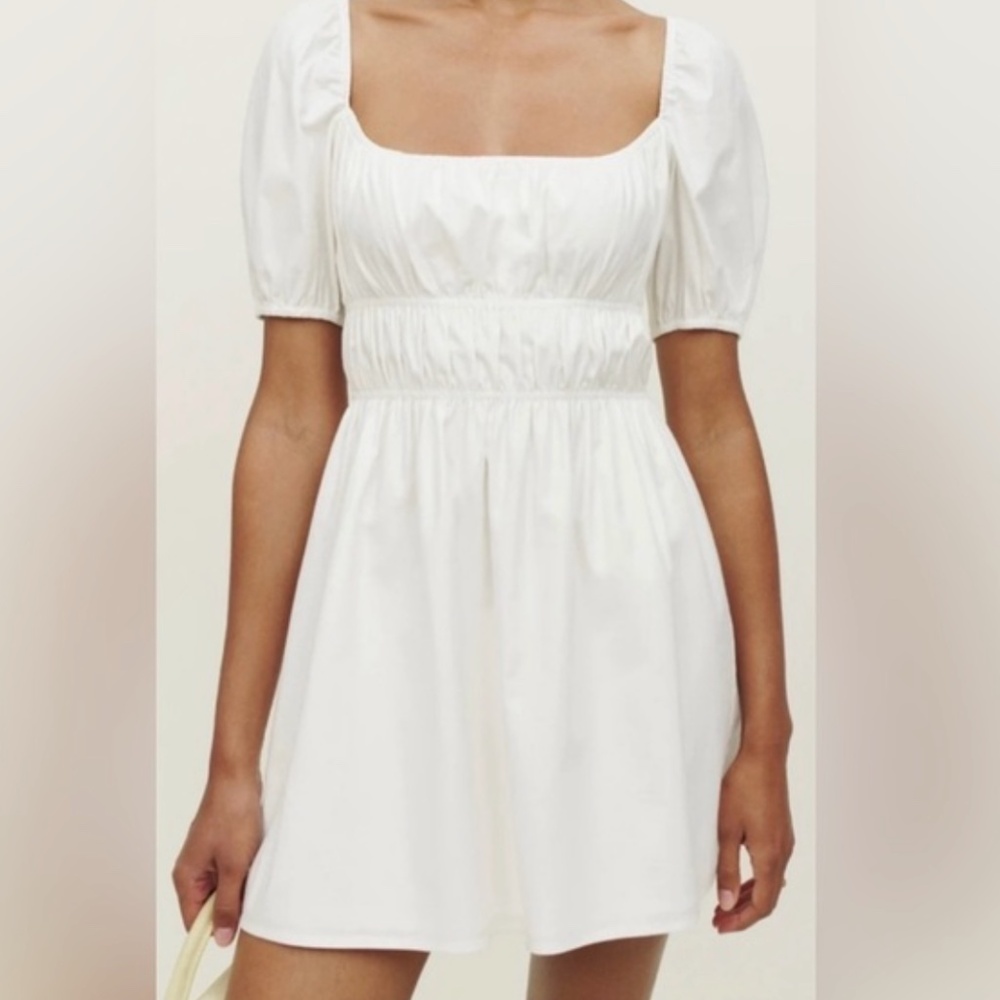Reformation Woods White Mini Puff Sleeve Dress